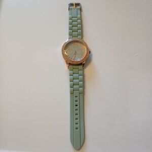 XOXO Women's Rhinestone Accented Rose Gold Watch With Green Silicone Strap
